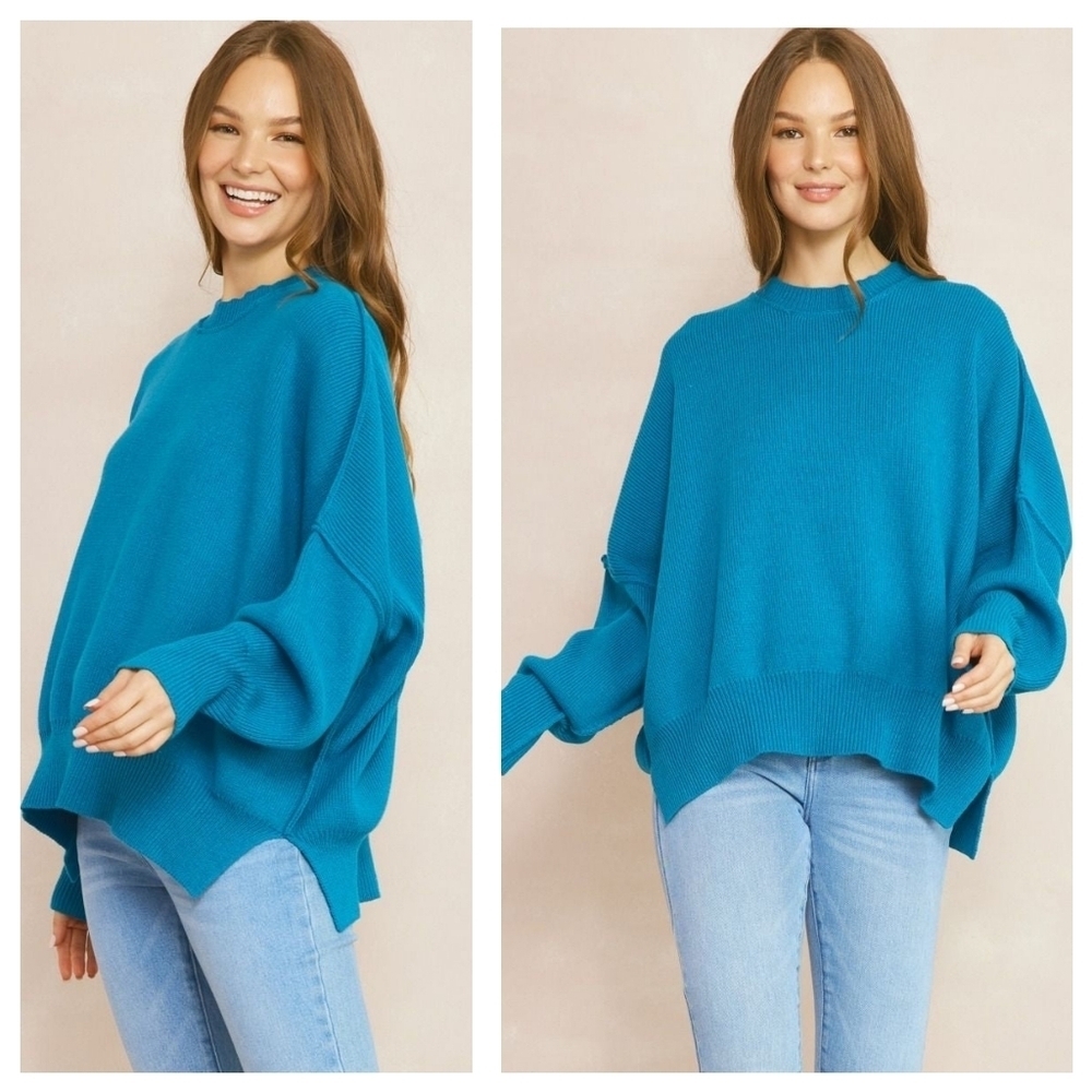 Entro Anthropologie Ocean Blue Oversized Cable Knit Sweater Sz L Minimalist Cozy